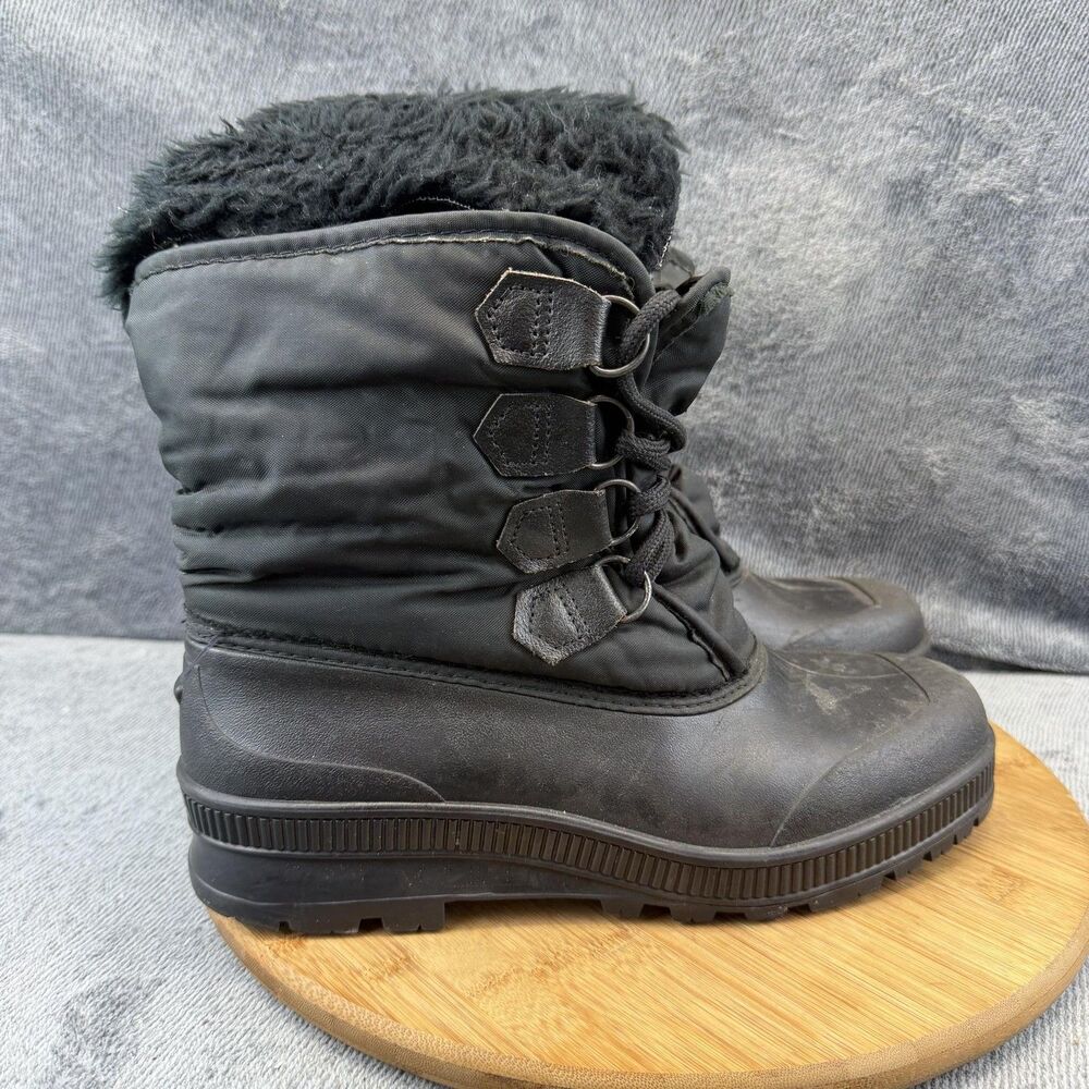 Sorel Boots Womens Size 10 Black Nylon Faux Fur Mid Calf Winter Snow Lace Up